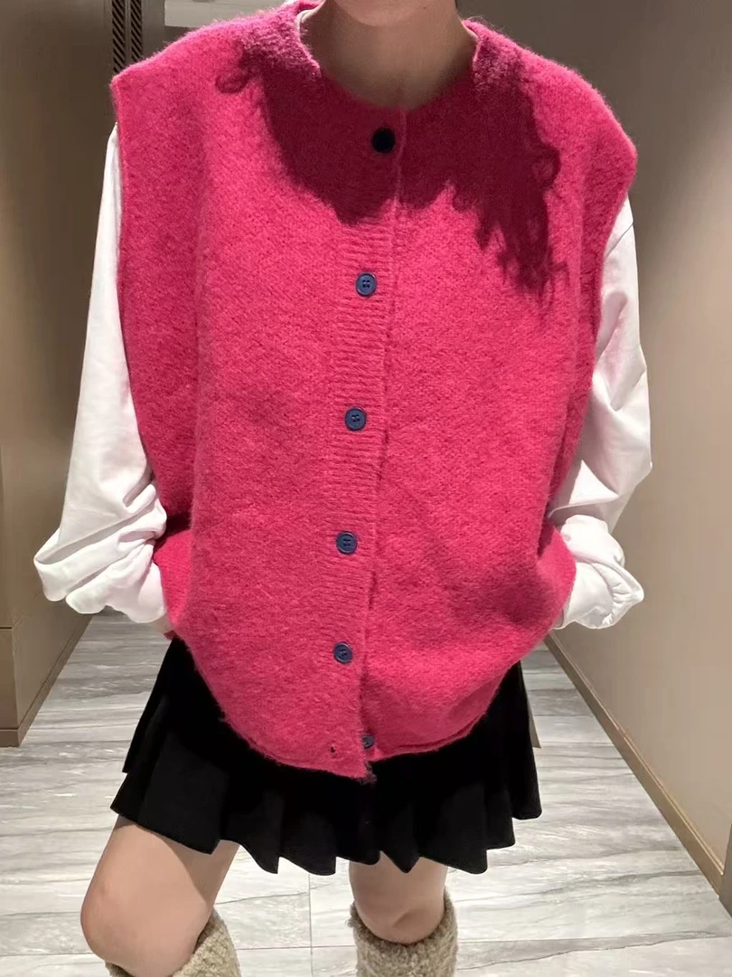 韩版秋季新款纯色针织纽扣马甲女