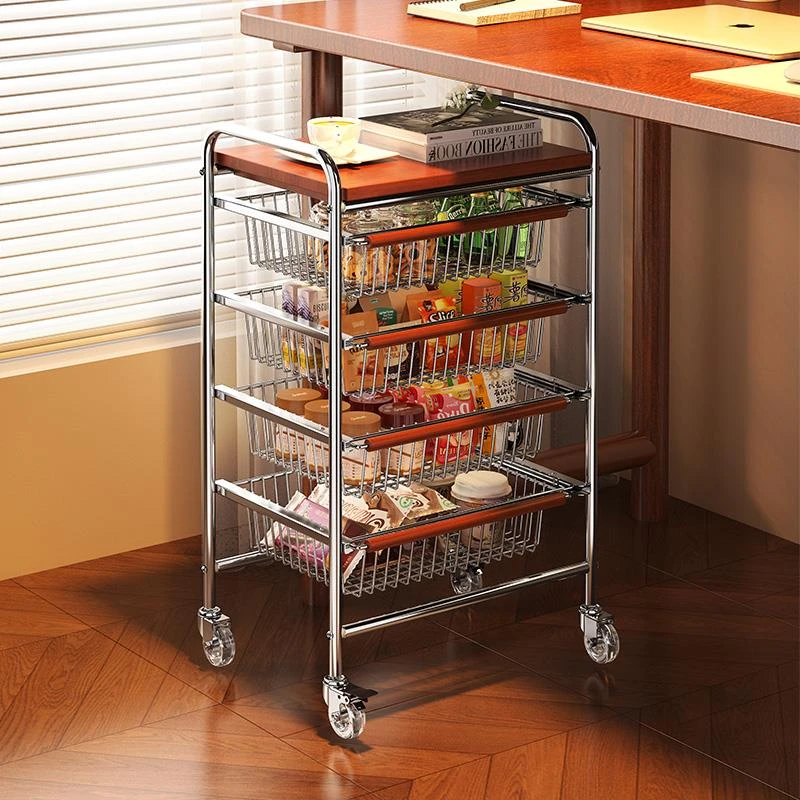 中古风零食置物架多功能桌下小推车多层果蔬厨房菜篮可移动收纳架