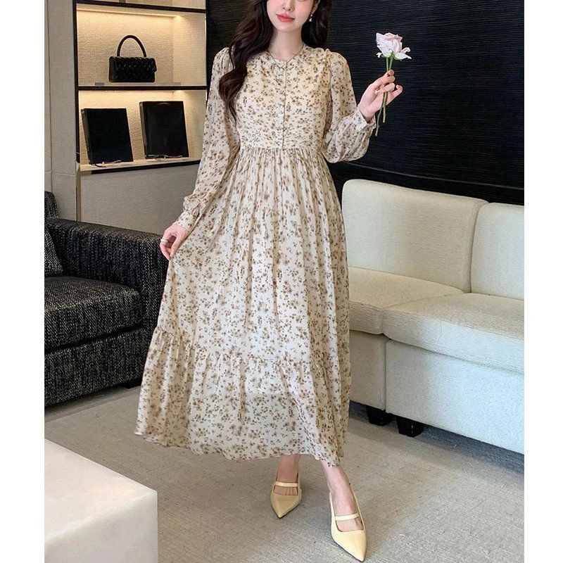 秋季法式韩版长袖碎花连衣裙印花2025新款气质收腰时尚显瘦裙子