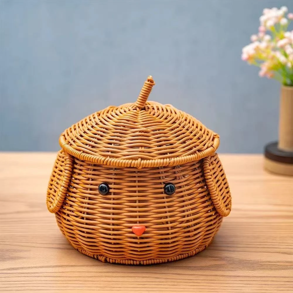 网红家用客厅卧室桌面可爱布丁狗收纳筐零食筐纯手工编织仿藤编
