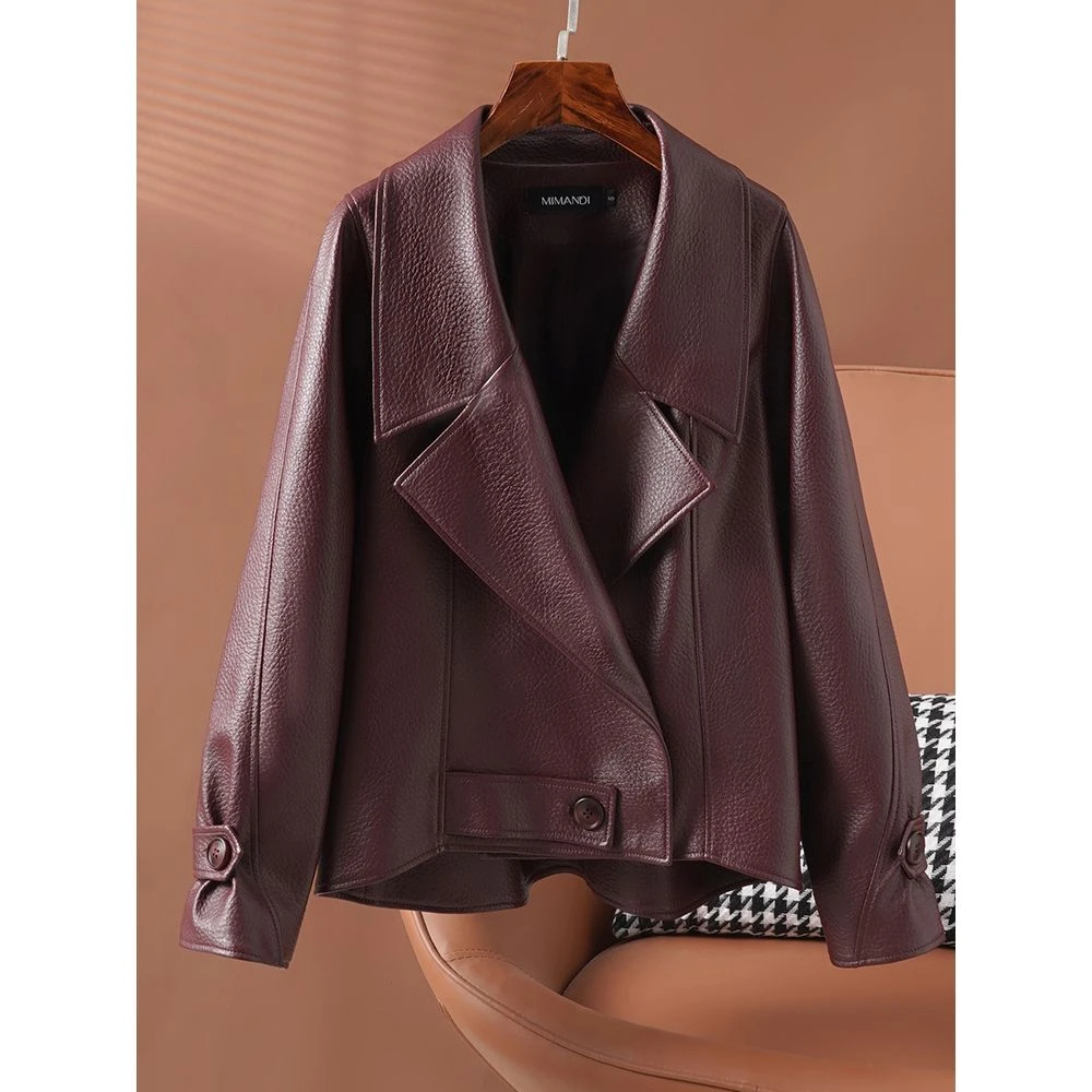 2025秋新款绵羊皮真皮皮衣女杨树林机车夹克宽松廓形泡皮短款外套