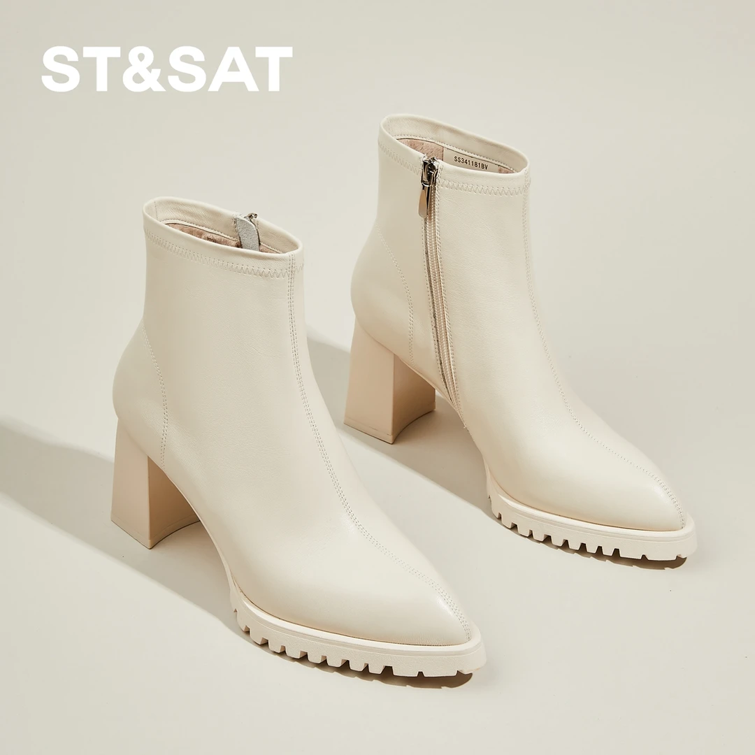 星期六真皮白色尖头短靴女2025冬季新款高跟瘦瘦靴子粗跟加绒女靴