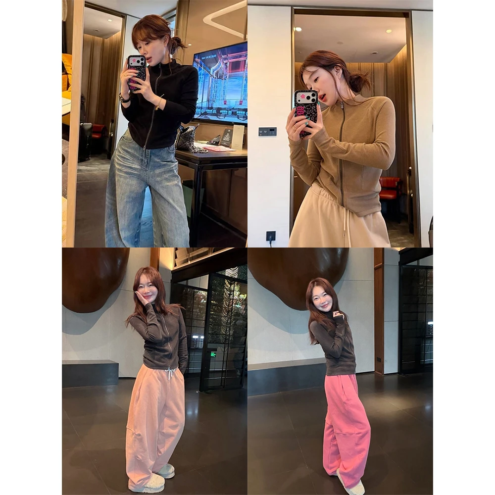 修身显瘦毛绒立领拉链长袖上衣+蜜柚奶油加绒阔腿休闲裤23537#