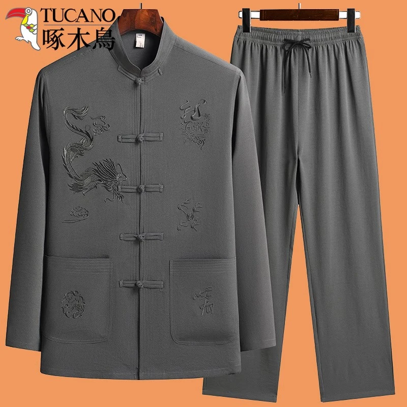 TUCANO/啄木鳥男中老年太极服唐装中国风套装爸爸男装长袖薄冰丝