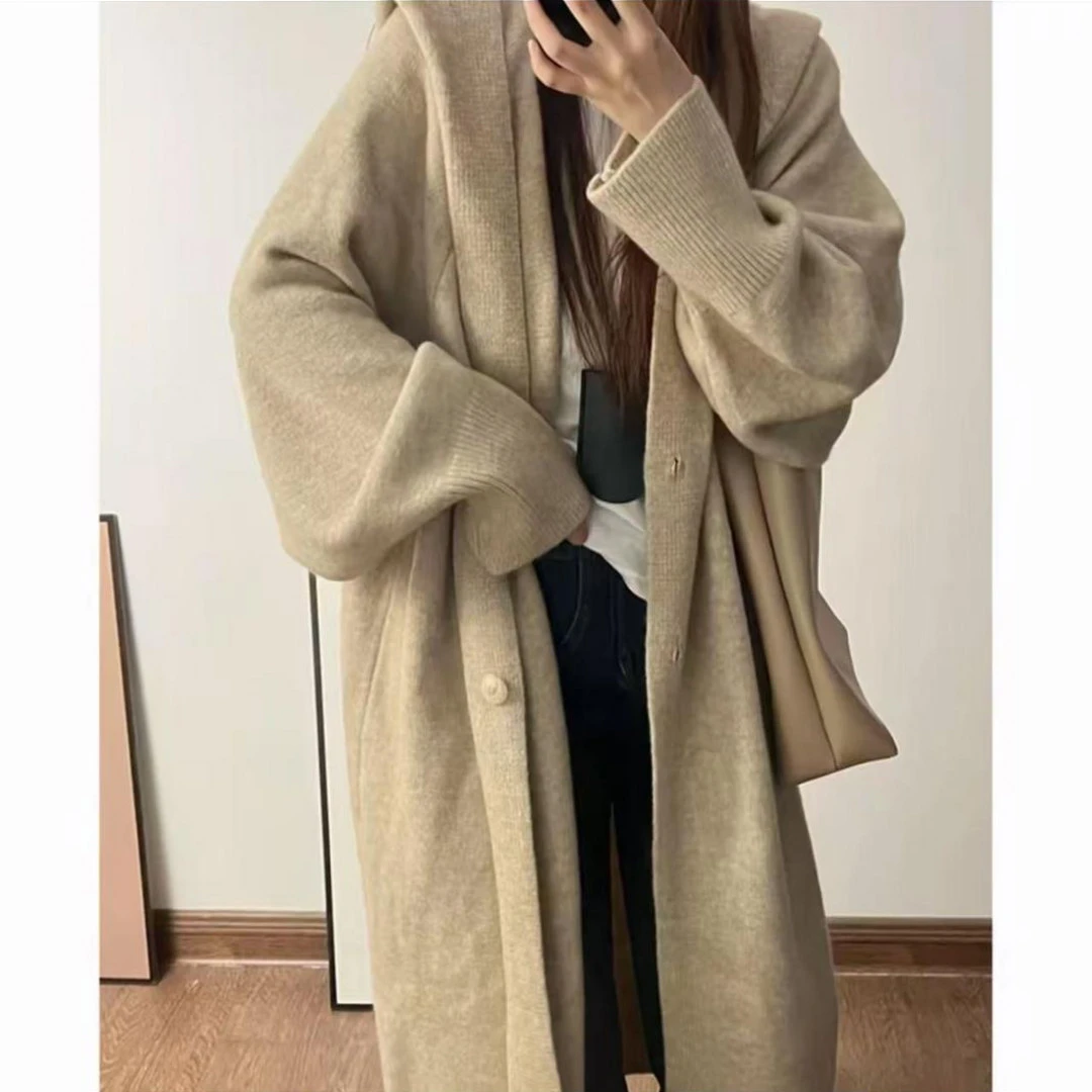 长款连帽慵懒风毛针织衫秋冬百搭毛衣针织宽松中长款秋冬季