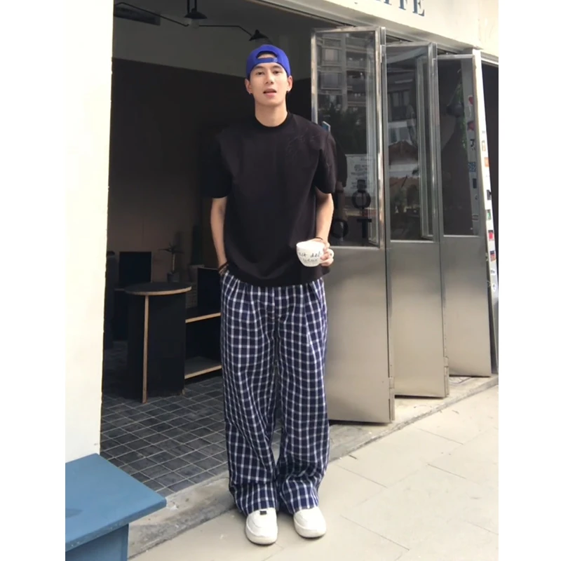 cleanfit蓝色格子裤子男夏季薄款速干阔腿裤美式慵懒风冰丝休闲裤