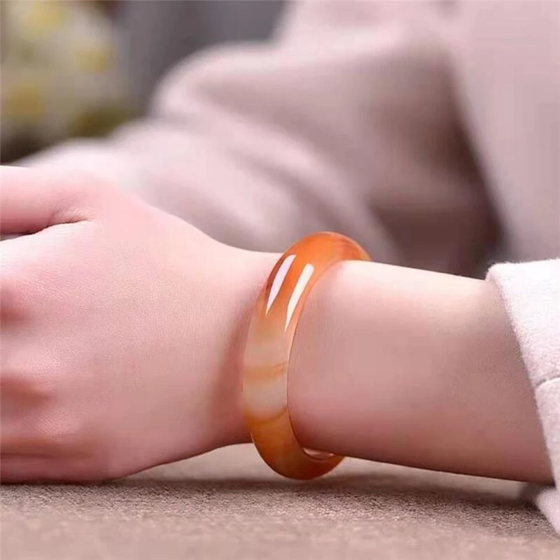 天然冰橘色花纹中宽扁条玉髓玛瑙手镯橘子汽水玉石玉镯子一物一证