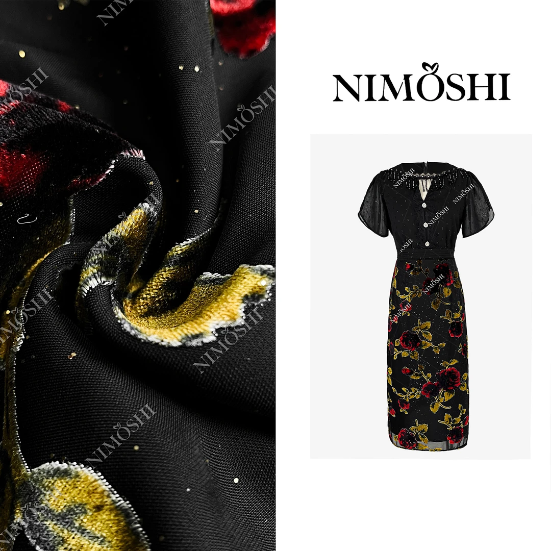 【莎总专属】新款经典黑色花卉设计网纱流苏气质显瘦连衣裙Q2167