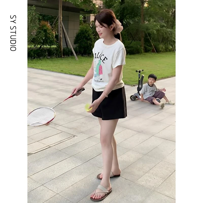 VOCKOO官方巨好看的夏装一整套字母印花短袖T恤高腰显瘦休闲短裤