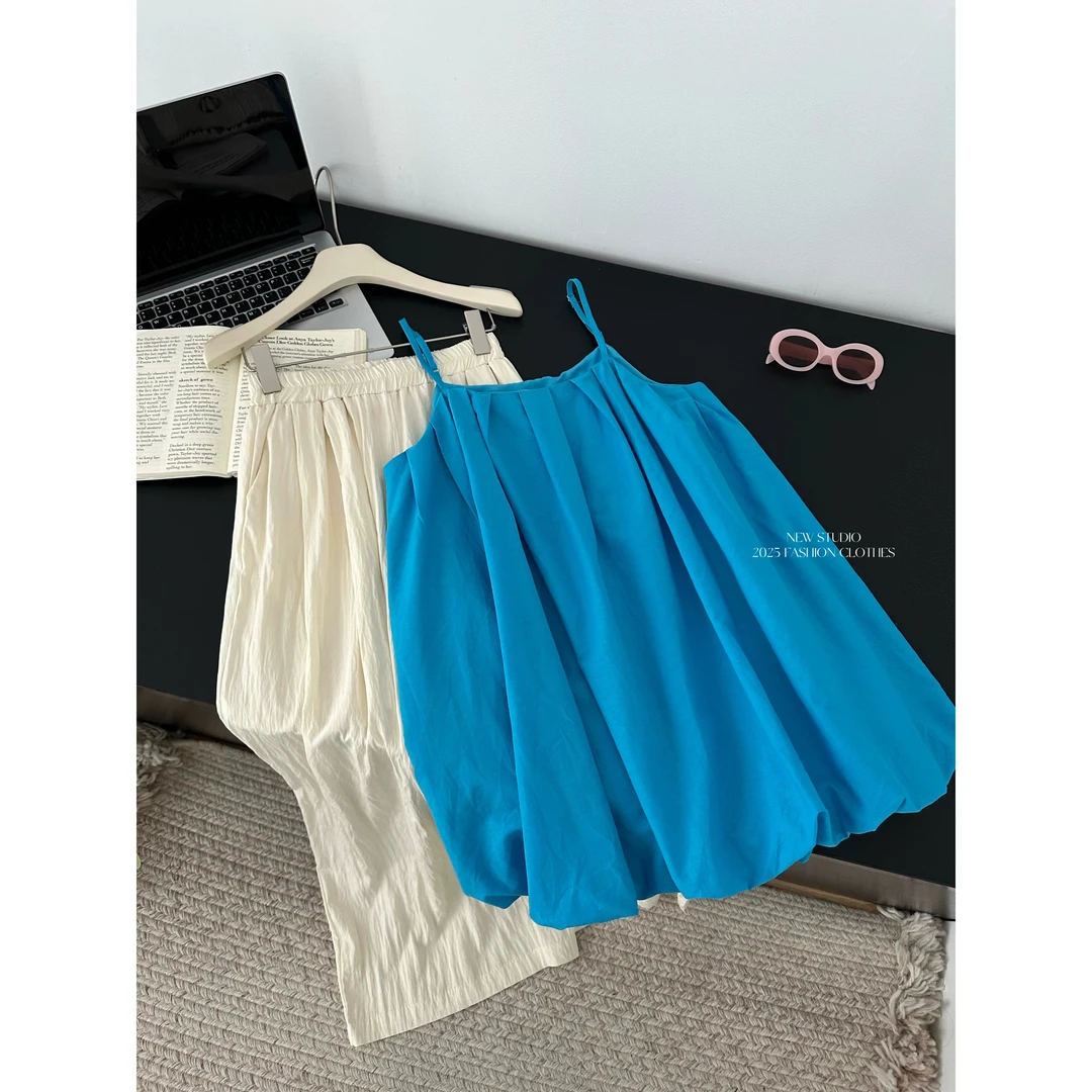 甜美风设计感蓝色花苞吊带背心女夏季宽松休闲裤阔腿裤韩系两件套