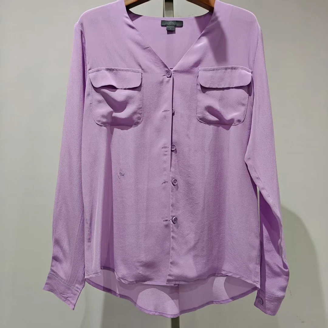 时尚百搭休闲粉紫色V领衬衫/3936