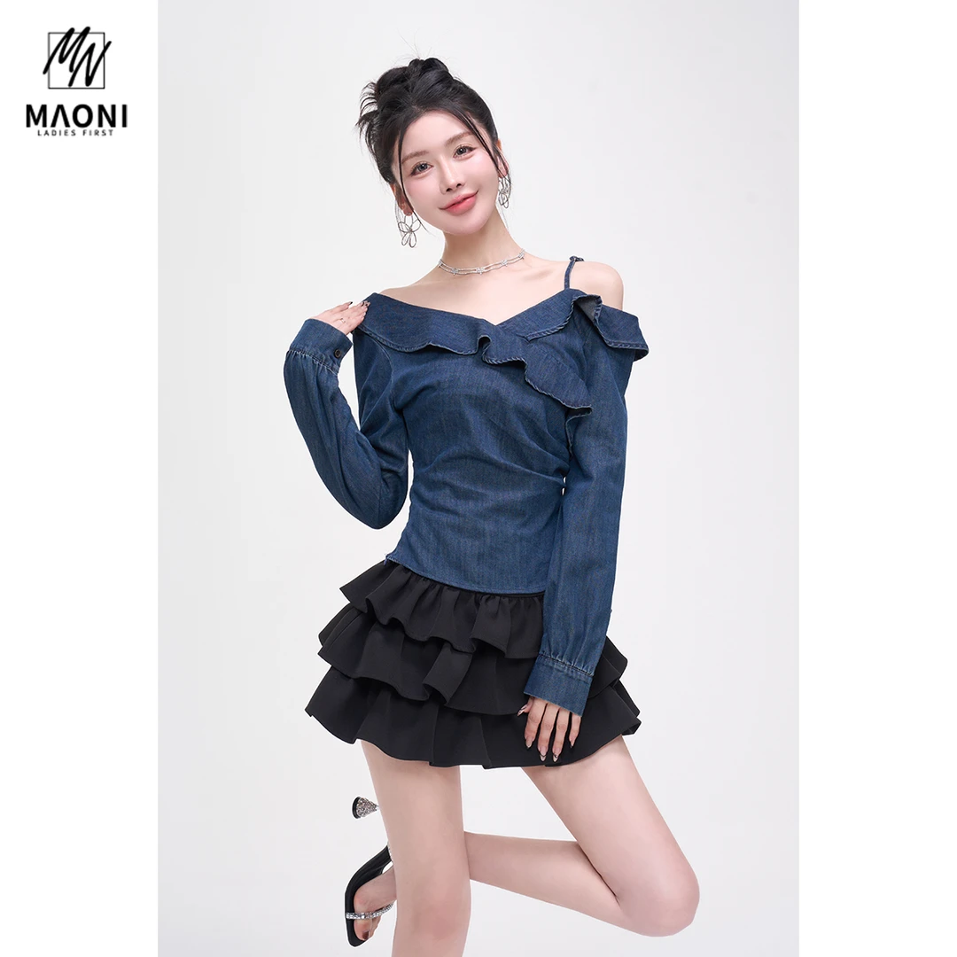 毛妮Peshe【法式斜肩荷叶牛仔衬衣】露肩吊带百搭辣妹长袖春L1515