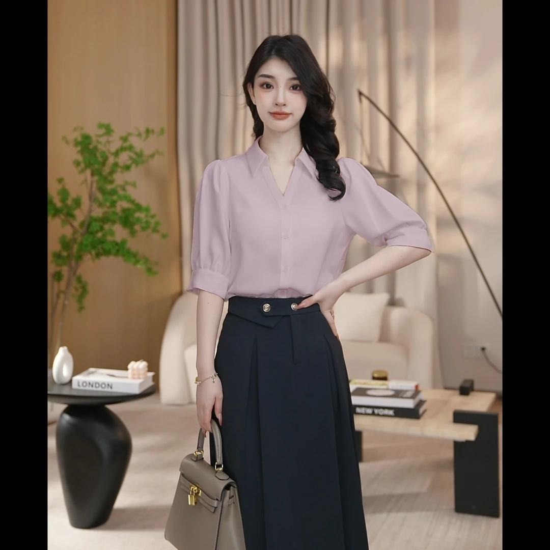 【曼贝】夏季新款气质纯色西柚粉休闲通勤衬衫女百搭8392115【珮珮】