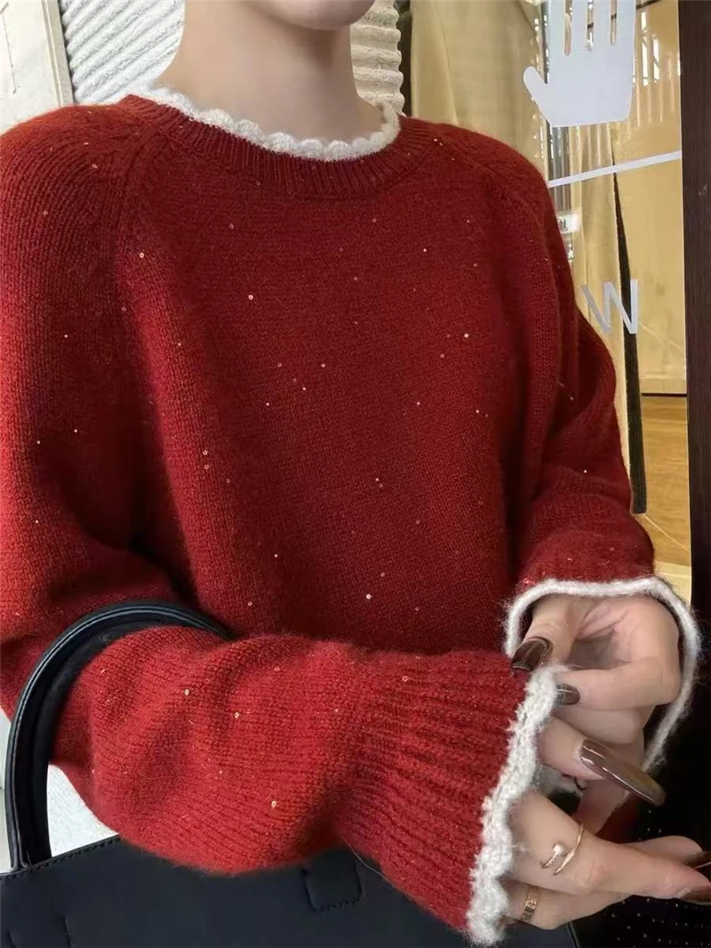 秋冬新款圆领亮片拼色套头针织衫女时尚洋气打底衫慵懒风显瘦毛衣