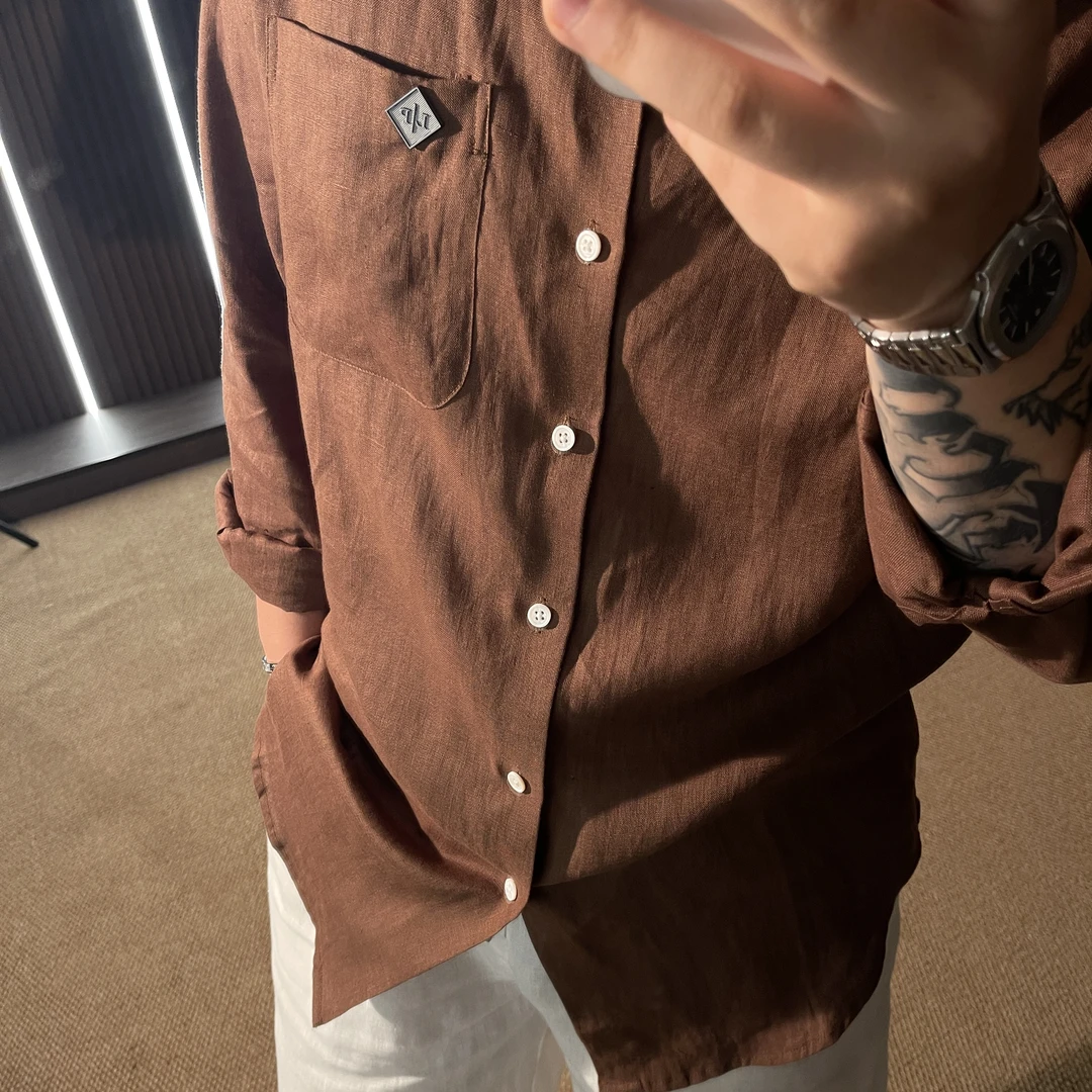 马丁叔叔 25夏季新款铁牌亚麻衬衫时尚休闲舒适衬衫 348