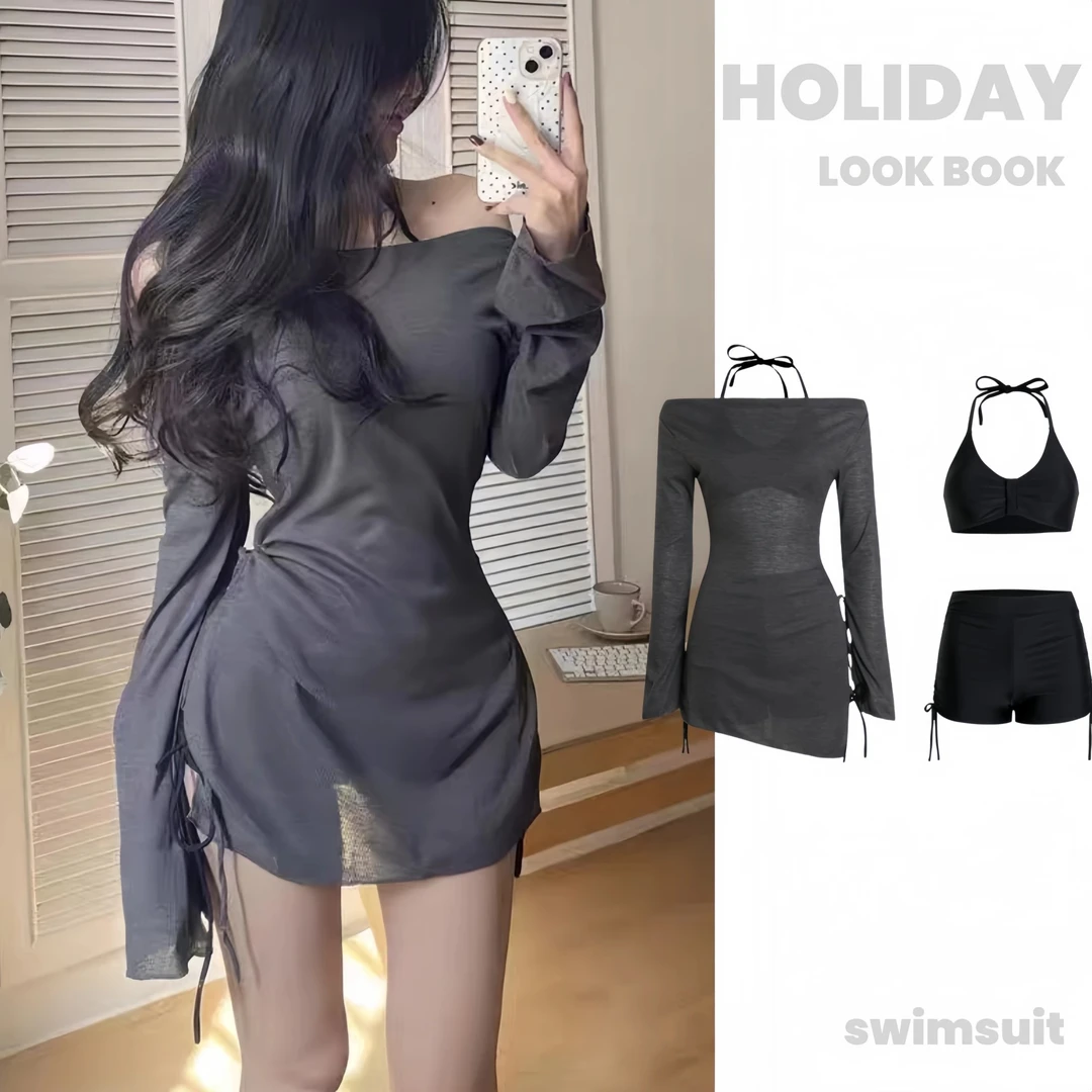 2025新款泳衣女款分体三件套遮肚显瘦聚拢防晒泳装高级感黑灰色