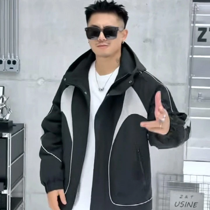 秋冬美式加棉机能拼接条纹立连帽夹克男运动休闲拼接外套潮1808