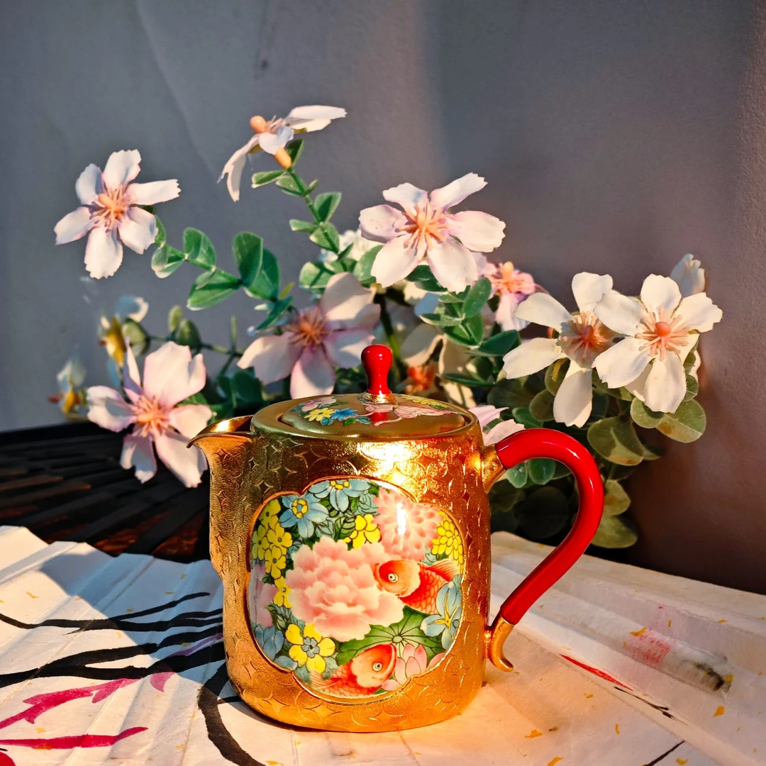 蜂鸟工坊 漆把漆钮镀金手绘万花鲤鱼银壶 YP939