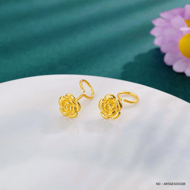 足金玫瑰花弯钩耳钉