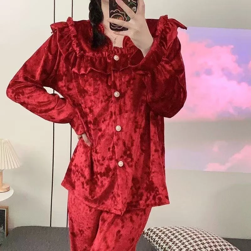 小翻领红色新年结婚金丝绒轻奢睡衣女士高级感家居服套装可外穿Z