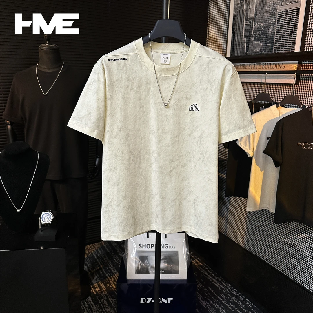 【HMEYAO】夏季扎染撞色字母刺绣个性绣标设计冰感棉圆领短袖T恤男