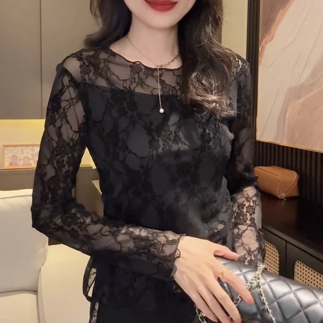 秋季新款时尚百搭圆领显瘦蕾丝衫女式打底上衣