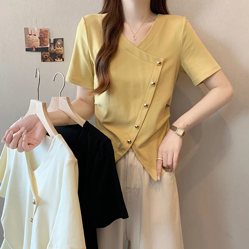 MZ33901专享大码2025夏装新款胖mm简约休闲v领不规则别致短袖T恤