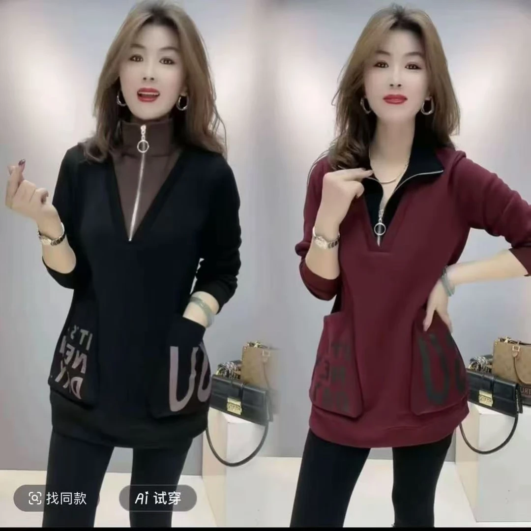 中长款秋冬加绒加厚新款百搭显瘦时尚休闲卫衣假两件上衣外穿女装