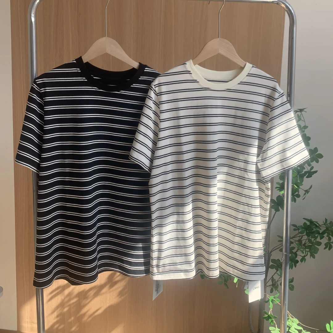 【精梳棉】韩风精梳棉黑白条纹宽松版型短袖T恤女