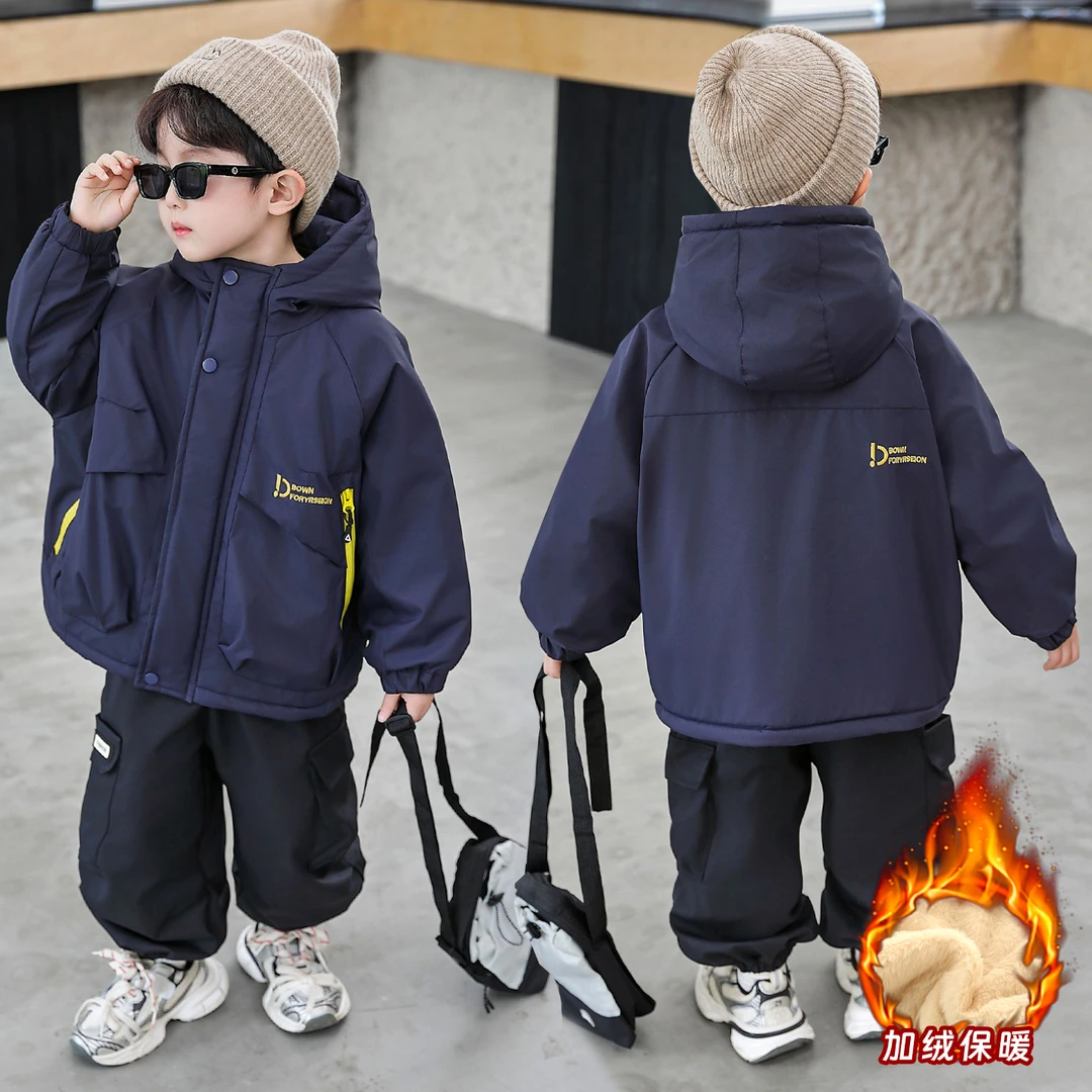 男童加绒外套秋冬款2025新款小童加厚派克服洋气保暖儿童冬装棉衣