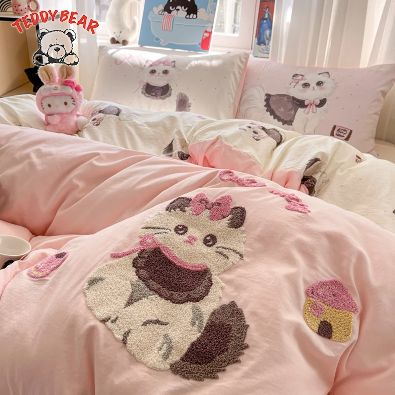 ins水洗棉床上四件套2025新款毛巾绣被套床单被罩单人宿舍三件套