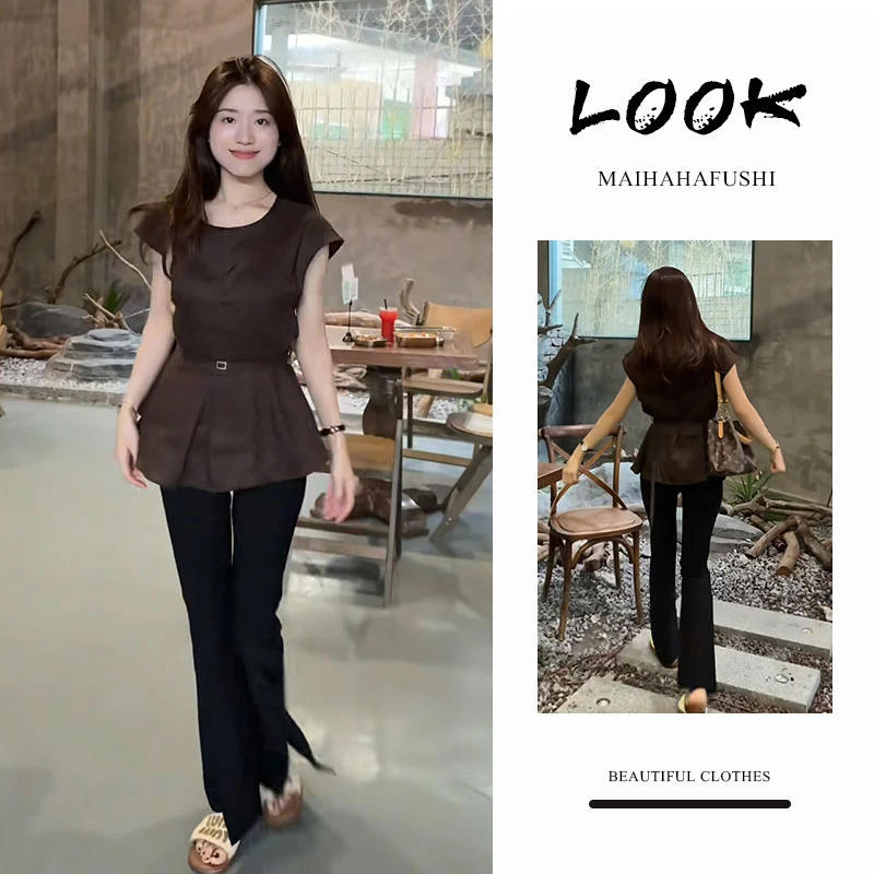 夏季一整套女装2025新款韩版通勤显瘦短袖衬衫高腰微喇裤子两件套