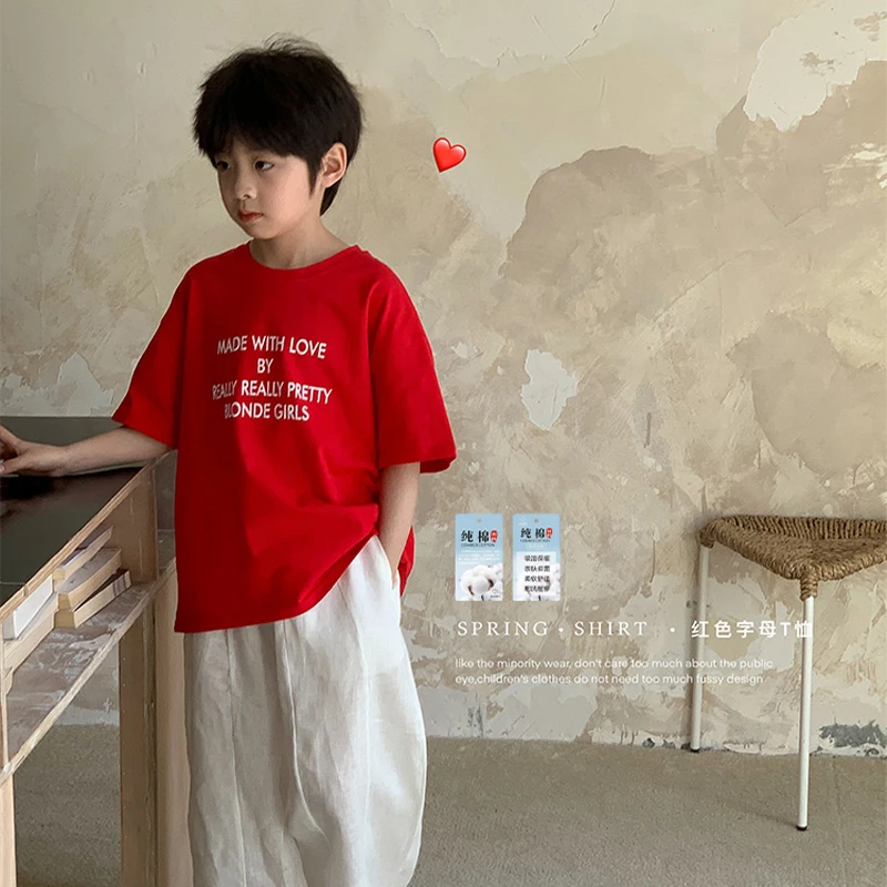 虾酱麻麻男童纯棉短袖t恤夏装2025新款红色字母上衣儿童装打底衫