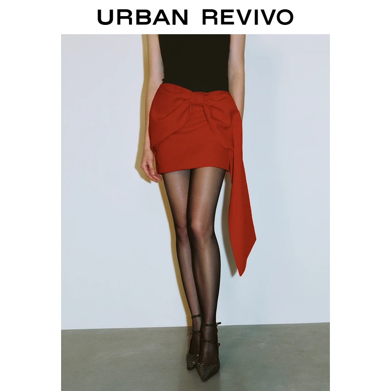UR2025春季新款女装欧若风设计感蝴蝶结超短款修身半裙UWG550028