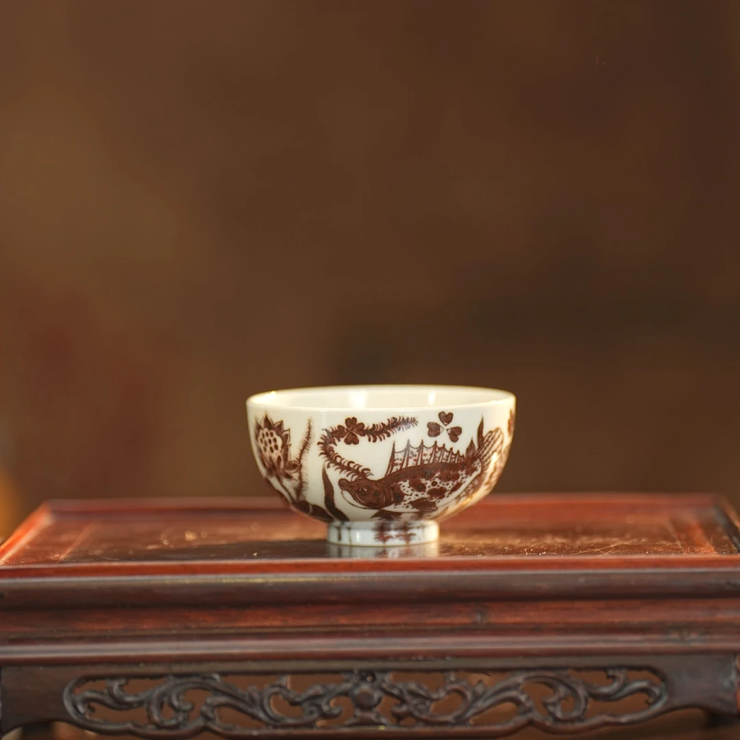 元邑丨釉里红鱼藻纹陶瓷鸡心杯60ml景德镇纯手工手绘复古茶杯茶具