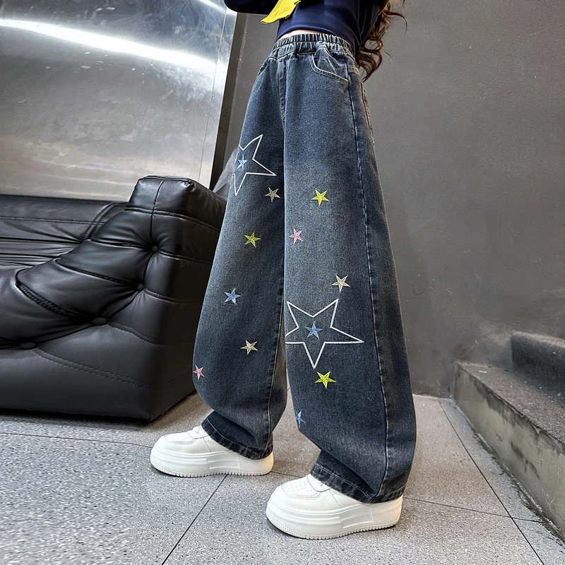 女童牛仔裤春秋女大童弯刀裤秋款阔腿裤韩版宽松潮酷秋装儿童裤子