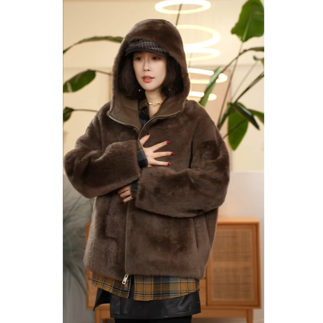 X【叭哒不惑】羊绒拉贡皮毛一体连帽减龄百搭皮草外套女时尚气质