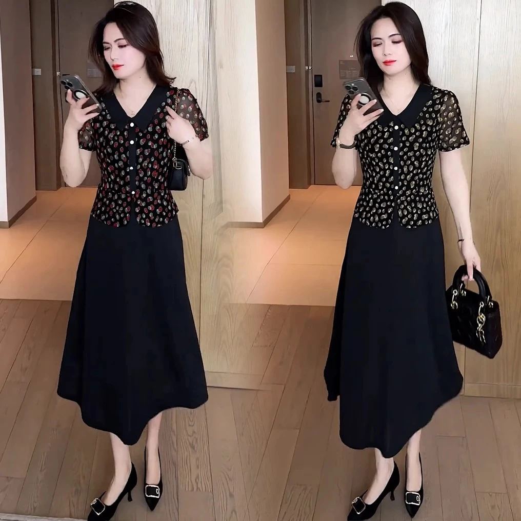 时尚新款短袖连衣裙女2025夏季气质减龄显瘦拼接印花假两件连衣裙