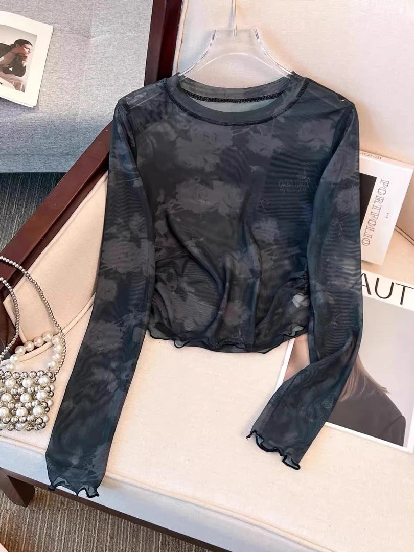 甜酷女孩短款收腰显瘦网纱防晒罩衫女夏季扎染百搭设计感长袖上衣