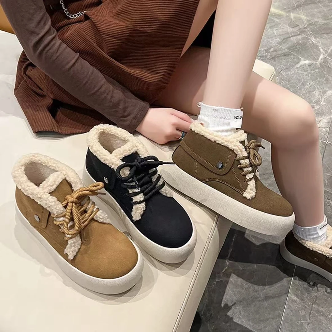 高帮鞋休闲毛毛鞋女2025冬季新款复古厚底防滑加绒保暖棉鞋6002