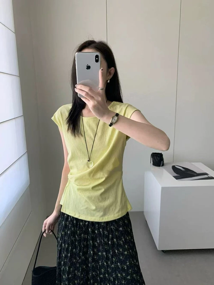 法式气质别致显瘦褶皱设计感不规则背心上衣91290