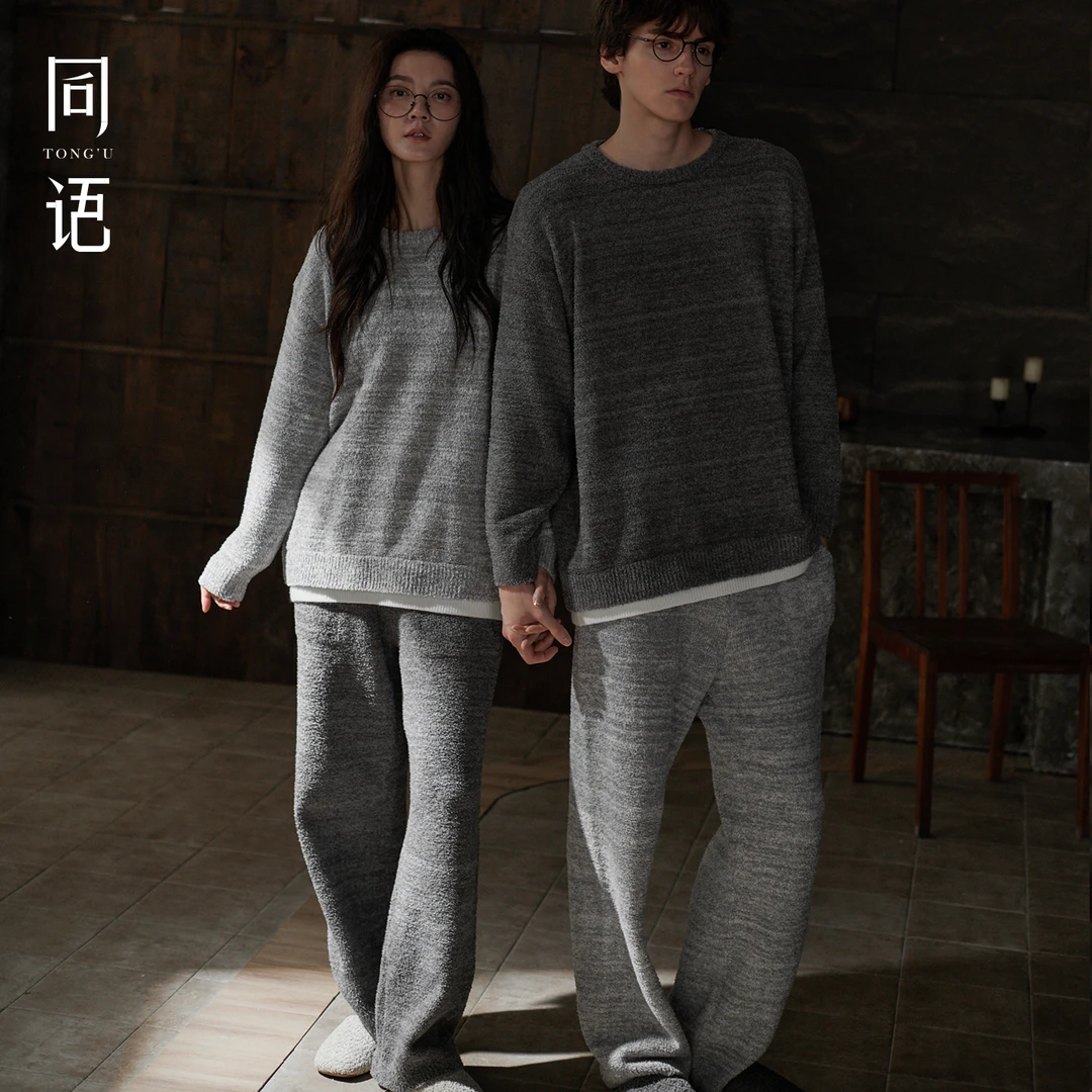 同语情侣睡衣半边绒暖宫束腰女款秋冬季加厚珊瑚绒家居服男士套装