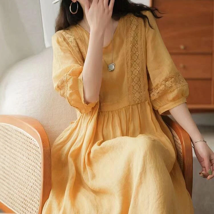 宽松中长款显瘦洋气收腰外贸意大利原单尾货高端复古苎麻夏季连衣