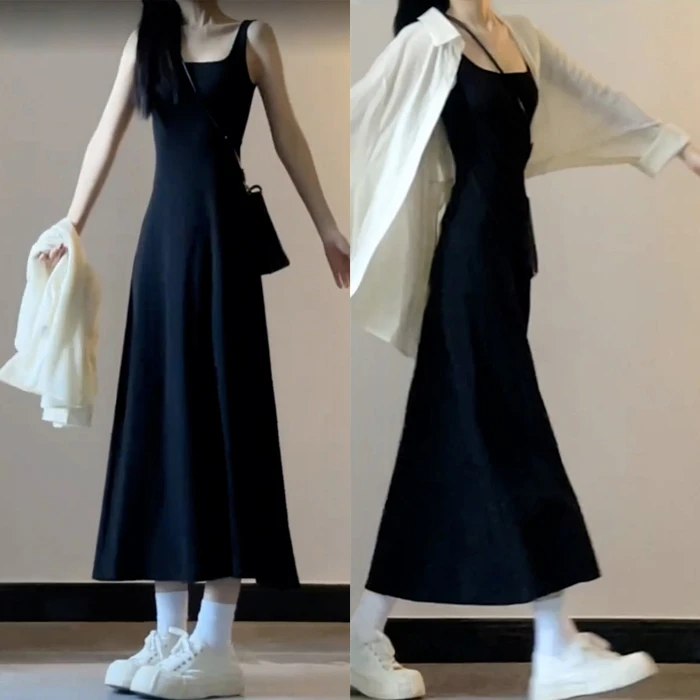 法式方领吊带裙纯欲高个子长裙气质收腰修身a字大裙摆背心连衣裙