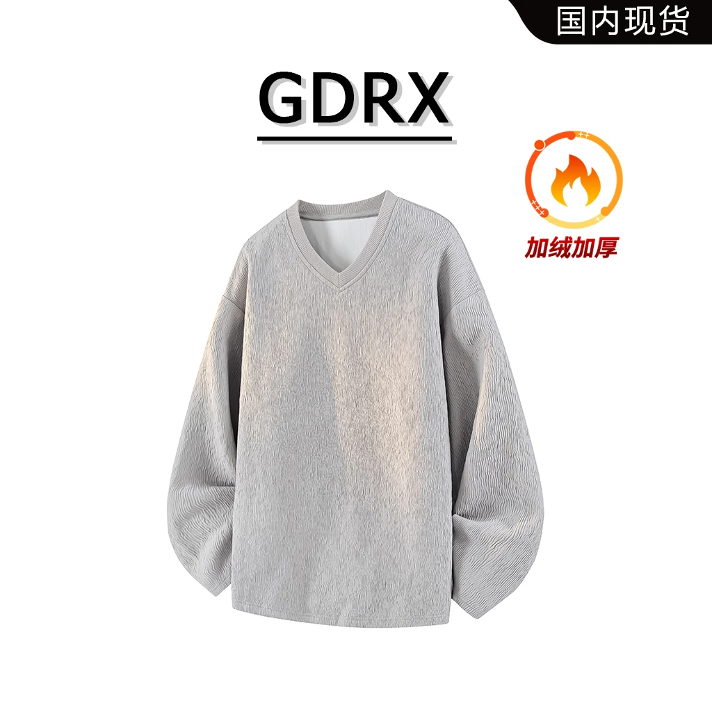 GDRX简约风V领男款加绒长袖T恤2025冬季肌理感韩版轻奢大码男装