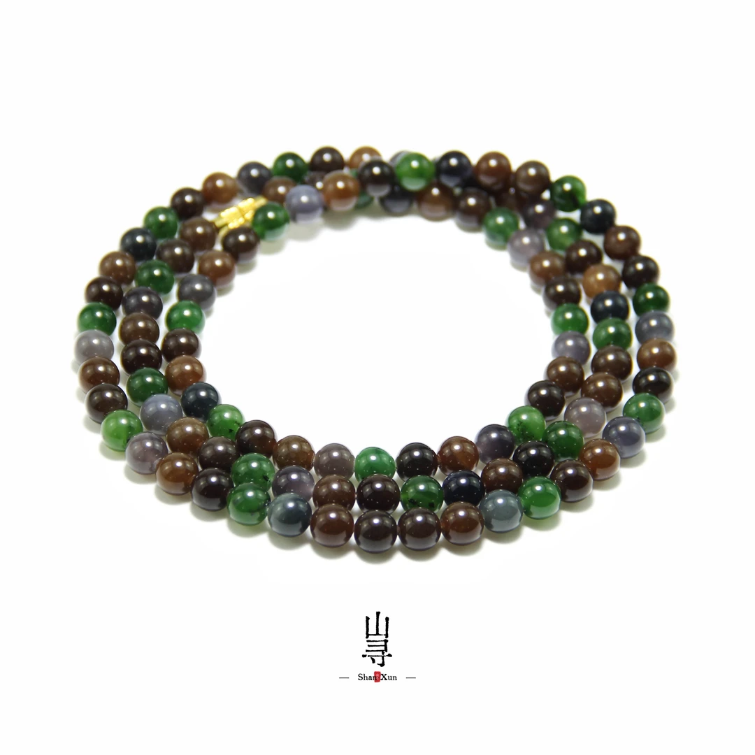 天然和田玉 红糖+烟紫+碧玉 三色圆珠长链108颗卡8mm彩色链珠长款