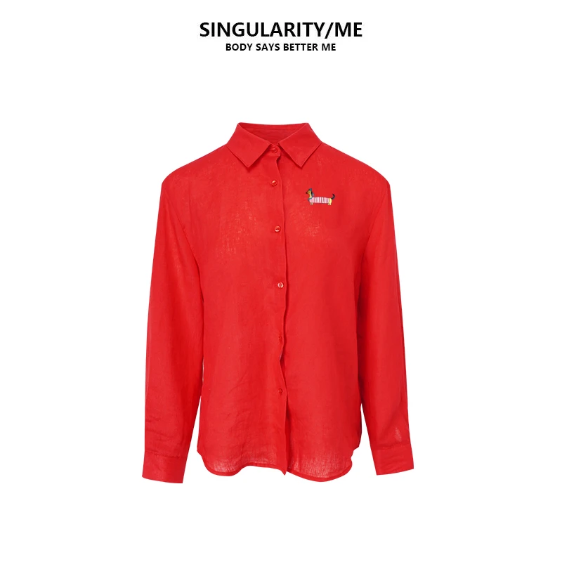 Singularity Me 5A 4119 珊瑚赫红亚麻宽松休闲百搭显白夏季衬衫