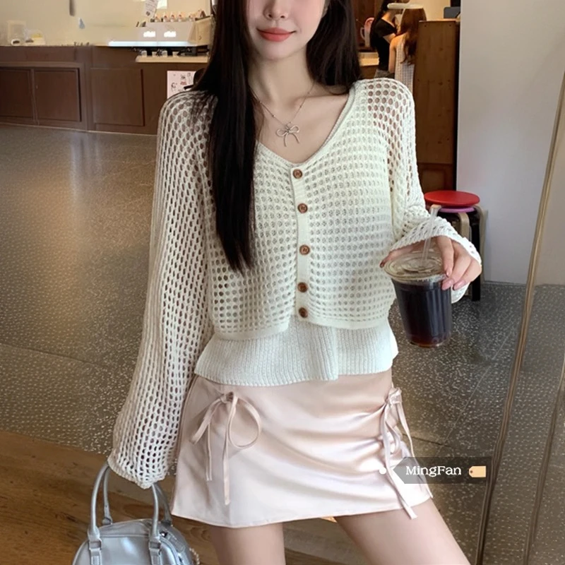 新款春秋季女装镂空长袖针织罩衫背心两件套吊带上衣独特漂亮小衫