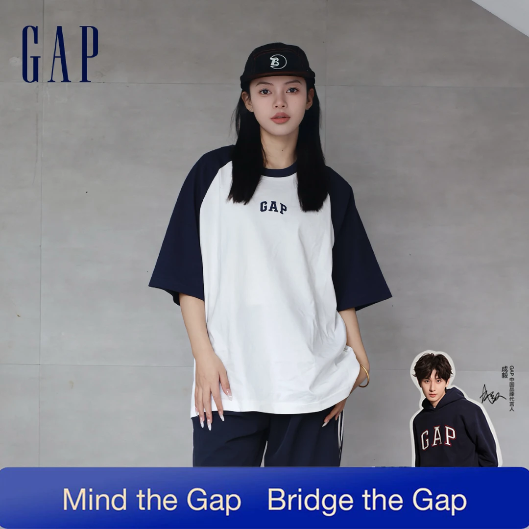 【成毅代言】Gap男女装夏季纯棉印花撞色插肩日系短袖T恤拼色725618