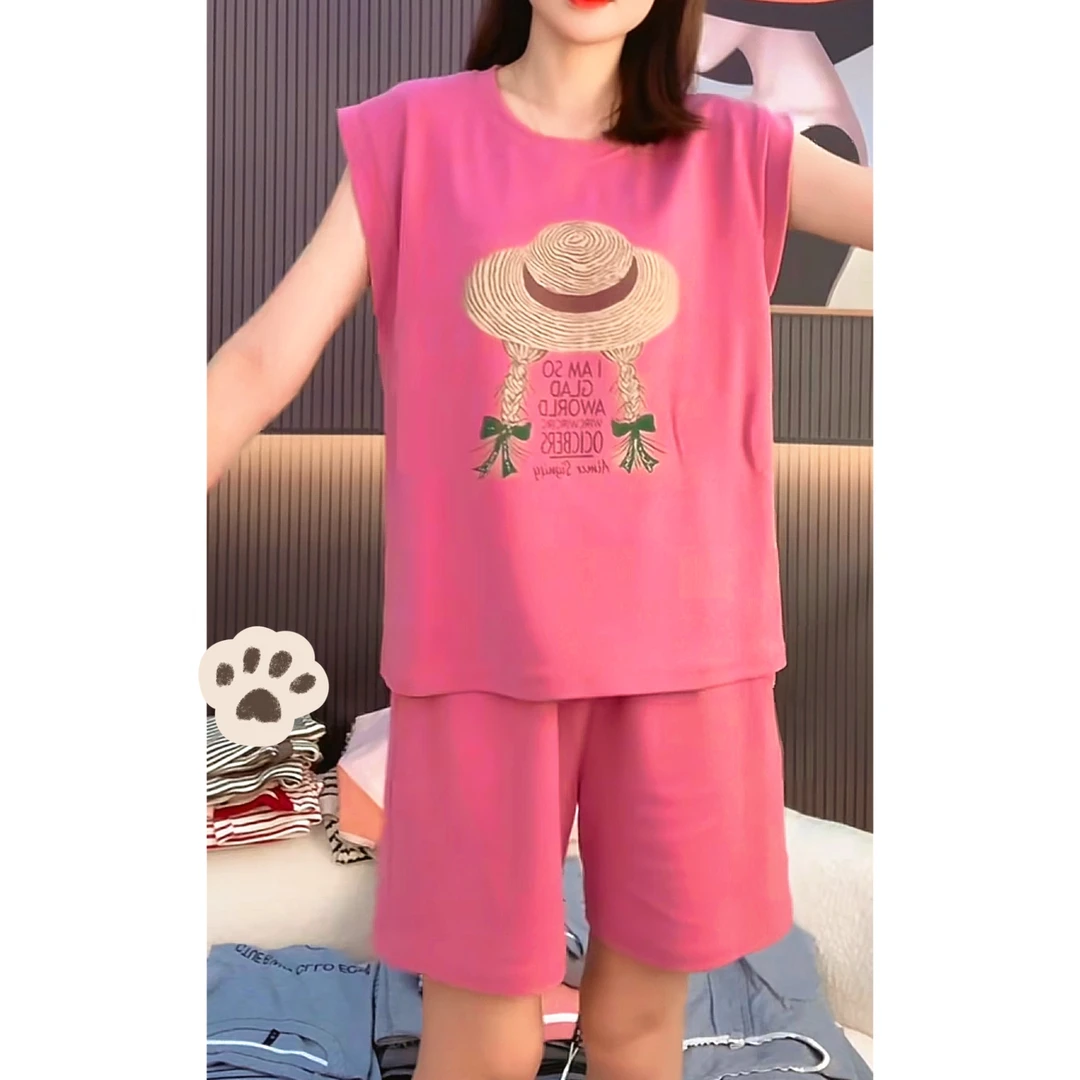 夏季女士带胸垫小飞袖背心短裤睡衣家居服套装可外穿休闲款纯棉